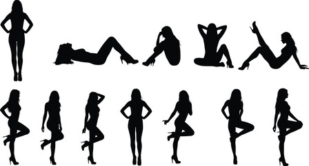 Female silhouette pose collection, high heel fashion stance, dynamic body gestures, black white vector set, cad drawing flat vector illustration