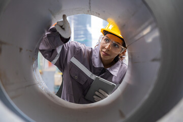 Female engineers inspecting metal sheet production line