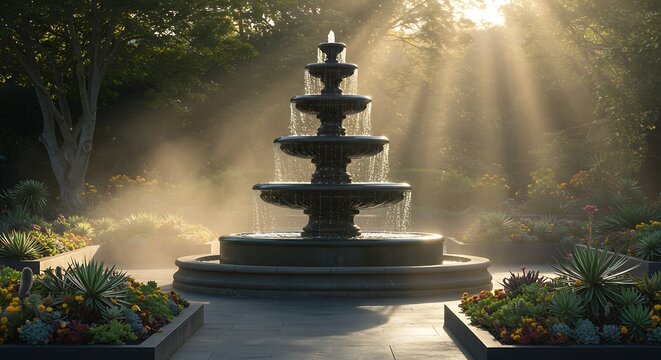 Ornate fountain, cascading water, surrounded by vibrant flowers and lush greenery, sunlight - Powered by Adobe