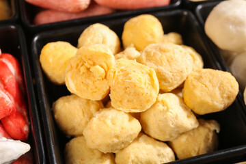 Hotpot Ingredients with Potato Balls and Beef Delicacies in Compartment Trays