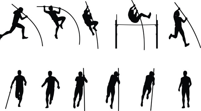 Pole vault silhouette sequence, athletic jump poses, sports motion icons, black white vector set, cad drawing flat vector illustration