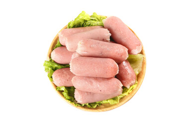 Raw Sausages in Wooden Bowl with Lettuce - Fresh Meat Ingredients for Cooking and Hotpot Preparation