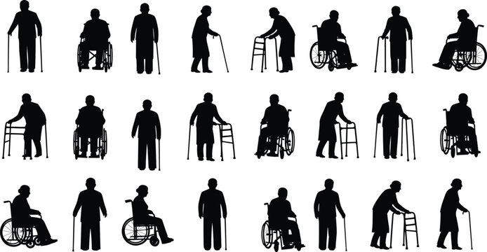 Black Silhouette Set of 20 Elderly Figures Using Canes, Walkers, and Wheelchairs for Accessibility, Healthcare, and Geriatric Themes