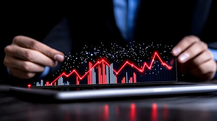 Dynamic financial chart showing growth and decline for business strategy presentation with professional executive hands holding screen with data points