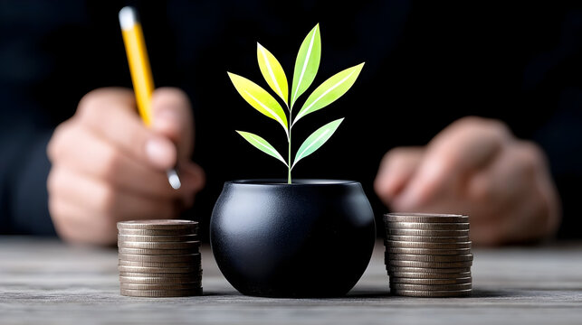 Watch your investments grow like a plant from a coin seed, a symbol of financial planning for a sustainable future with a pencil for making calculations