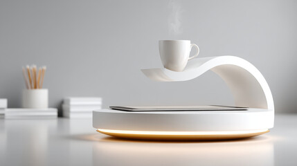 Minimal zero gravity workspace with tablet, stylus, paper, and coffee cup floating