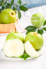 Fresh Dangshan Pears from Anhui China - Green Asian Pears Cut and Whole Showing Crisp White Pulp Still Life
