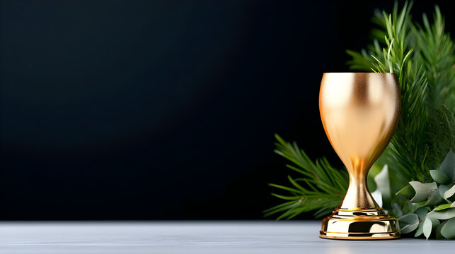 Elegant golden trophy shining brightly against a dark backdrop, symbolizing achievement and success, perfect for awards ceremonies and corporate recognition celebrations