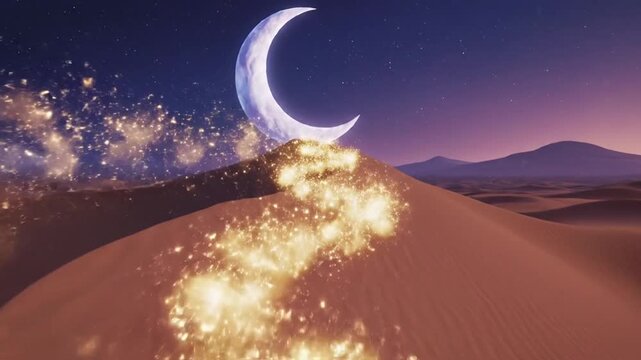 Magical Ascent Golden Particles Reveal Crescent Moon Over Desert Dunes