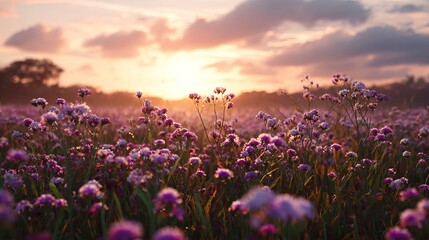 Obraz premium Dreamy wildflower meadow at sunset evokes peace and tranquility with vibrant purple petals and golden hour glow inspiring hope and serenity