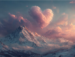 a stunning mountain landscape with snow-covered peaks under a dramatic sky. A significant cloud formation takes the shape of a heart, adding a romantic touch to the majestic scenery.