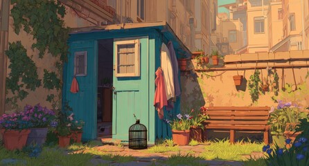Charming Blue Shed in a Sunny Backyard Garden.