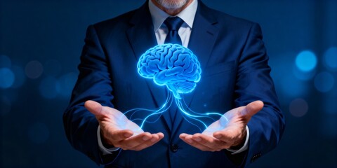 artificial intelligence visualization with neural network hologram in hands