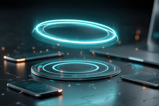 Holographic shield above laptop with neon security walls and connected devices in tech room