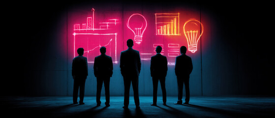 Business executives silhouetted against glowing digital wall with neon icons and lightbulbs