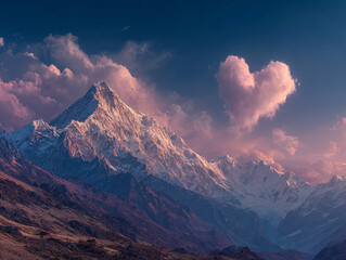a stunning mountain landscape with snow-covered peaks under a dramatic sky. A significant cloud formation takes the shape of a heart, adding a romantic touch to the majestic scenery.