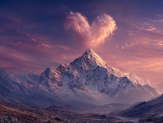 a stunning mountain landscape with snow-covered peaks under a dramatic sky. A significant cloud formation takes the shape of a heart, adding a romantic touch to the majestic scenery.