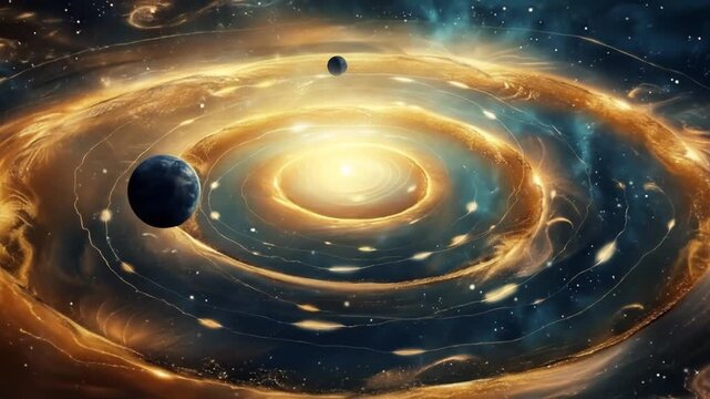 Vibrant cosmic galaxy with swirling golden light and blue nebulae, distant planets and stars in a vast mysterious universe.