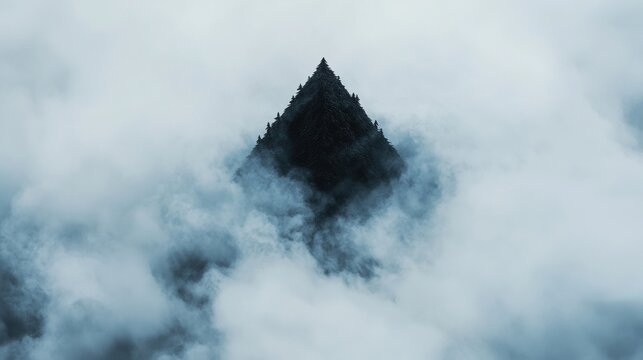 A dark, triangular mountain peak emerges from a thick layer of clouds.