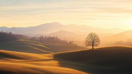 Obraz premium A lone tree stands in a vast, rolling landscape, its silhouette contrasting against the golden hues of the sunrise.