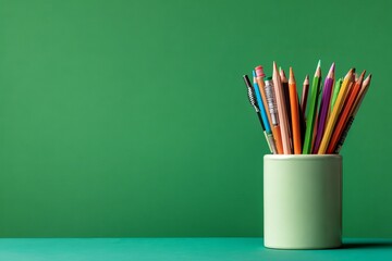 Pencil holder with colored pencils and pens on green background