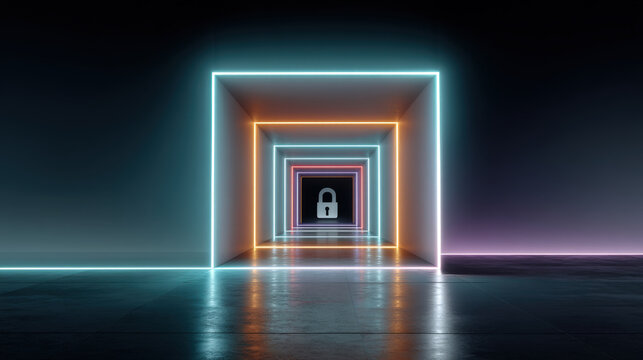 Futuristic glowing polygonal tunnel with padlock silhouette in turquoise and violet neon