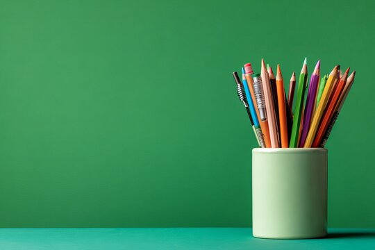 Pencil holder with colored pencils and pens on green background