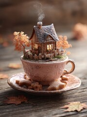 Cozy Miniature House in an Autumn Teacup.