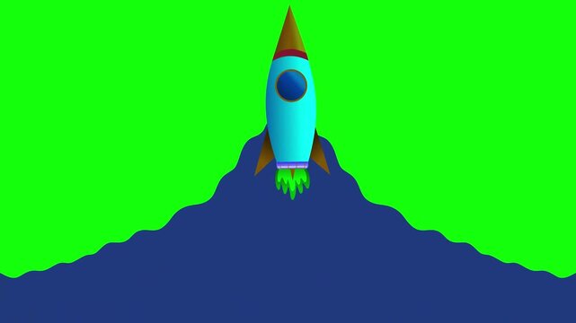 Cartoon rocket launch andreturn animation on a green screen. The blue rocket emerges from and dips back into a blue liquid or water mass. Perfect for startup, innovation, video transition effects