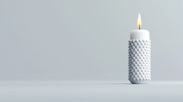 A white candle with a textured surface and a lit flame.
