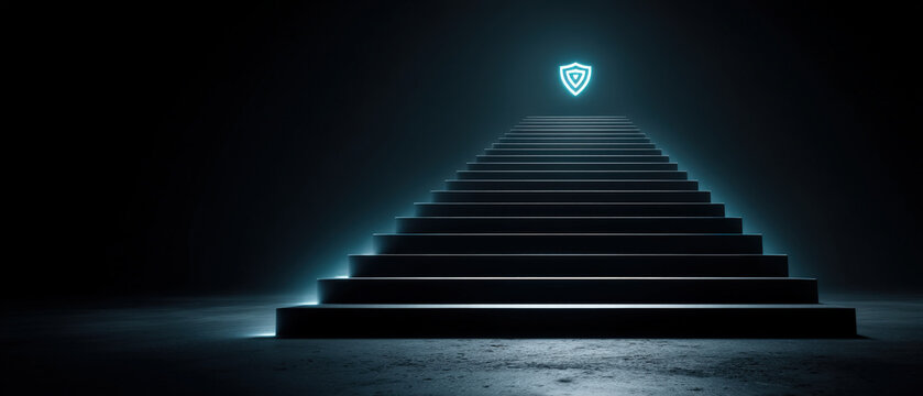 Glowing diagonal staircase of digital data tiles with luminous shield icon in dark space