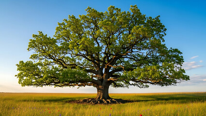 A large, majestic tree standing alone in an open field under a clear blue sky. Lush green leaves, strong branches, and warm sunlight create a peaceful natural landscape.