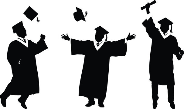 Graduation celebration silhouettes, cap toss, diploma pose, academic achievement, black vector, student icons, festive education illustration