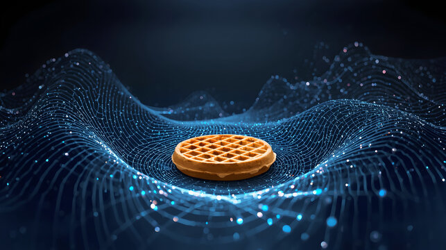 Waffle in the Data Stream: Digital Food Concept on a Glowing Blue Particle Wave.