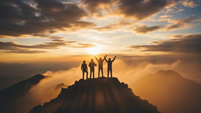 Triumphant silhouettes on misty mountain peak under golden hour clouds