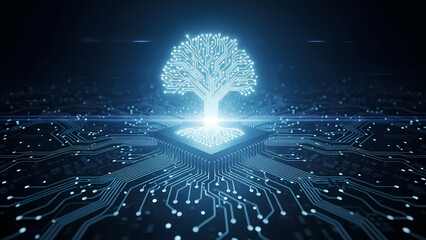 A digital tree representing technology and innovation, illuminated with bright light, symbolizing growth and connectivity in a futuristic concept.