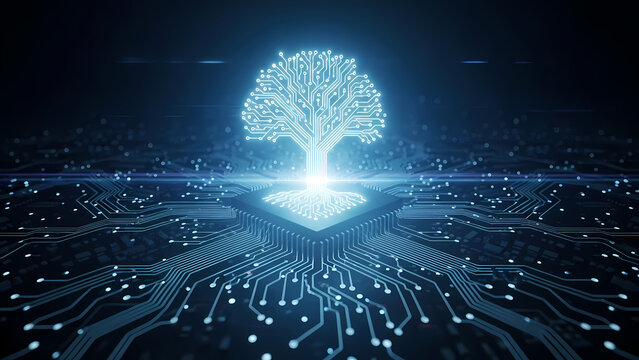 A digital tree representing technology and innovation, illuminated with bright light, symbolizing growth and connectivity in a futuristic concept.