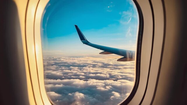 Airplane Wing View Through Window Above Clouds and Blue Sky, Commercial Flight Travel, Vacation, Journey, and Transportation