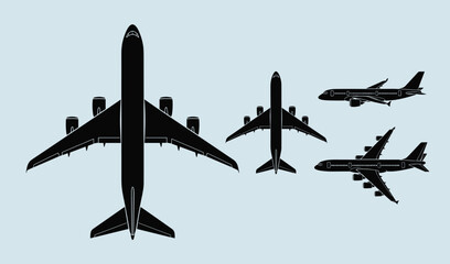 Silhouette Illustration of Four Airplanes in Top and Side Views on Blue Background for Aviation, Travel, and Technical Concepts