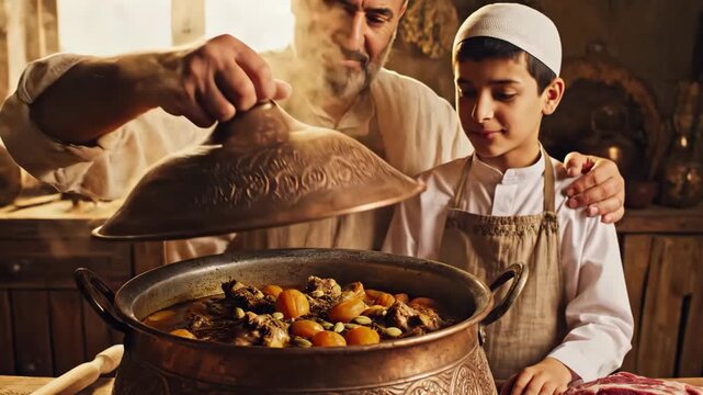Muslim father and son sharing a cooking moment with traditional dish in cozy kitchen