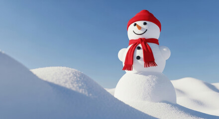 Fototapeta premium Cute Snowman with Red Hat and Scarf in Winter Wonderland Scene