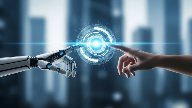 A human hand and a robot hand touching a glowing digital interface, representing artificial intelligence and technological advancements.