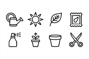 Seedling and gardening tool icons in clean line style for horticulture UI