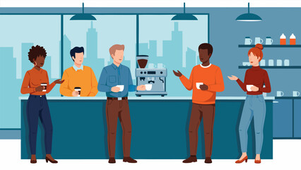 Diverse professional team enjoying a casual coffee break in a modern office setting, fostering communication, collaboration, and positive workplace relationships