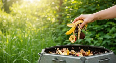 A hand depositing food scraps into a compost bin outdoors