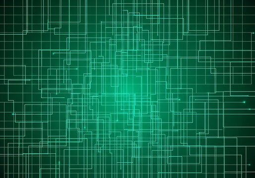 Abstract digital network grid with glowing neon lines on a dark green background representing technology data flow and connectivity in a futuristic cyberspace