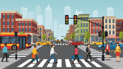 Vibrant city street scene with diverse pedestrians crossing at an intersection with traffic, a bus, and urban buildings