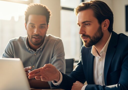 Diverse male coworkers collaborating at laptop in modern office, business meeting and teamwork concept