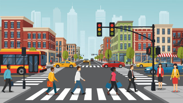 Vibrant city street scene with diverse pedestrians crossing at an intersection with traffic, a bus, and urban buildings