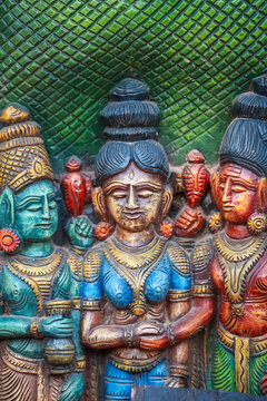 Three traditional colorful hindu goddess and gods hand crafted statues.